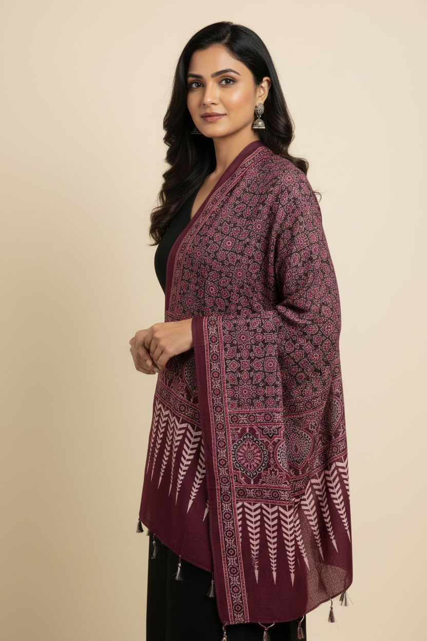 Ajrakh Printed Cotton Stole for Women | Maroon Ethnic Scarf with Tassels | 55x210 cm | Traditional Indian Dupatta