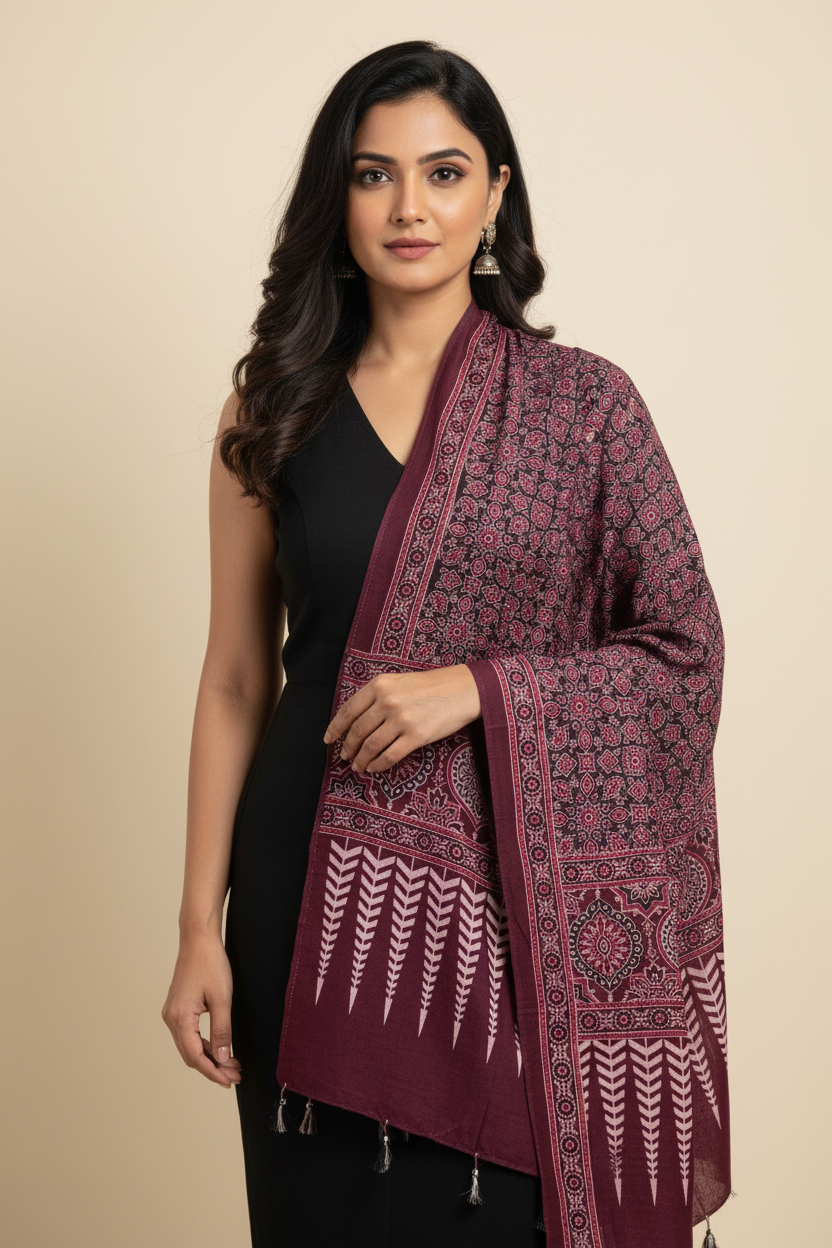 Ajrakh Printed Cotton Stole for Women | Maroon Ethnic Scarf with Tassels | 55x210 cm | Traditional Indian Dupatta