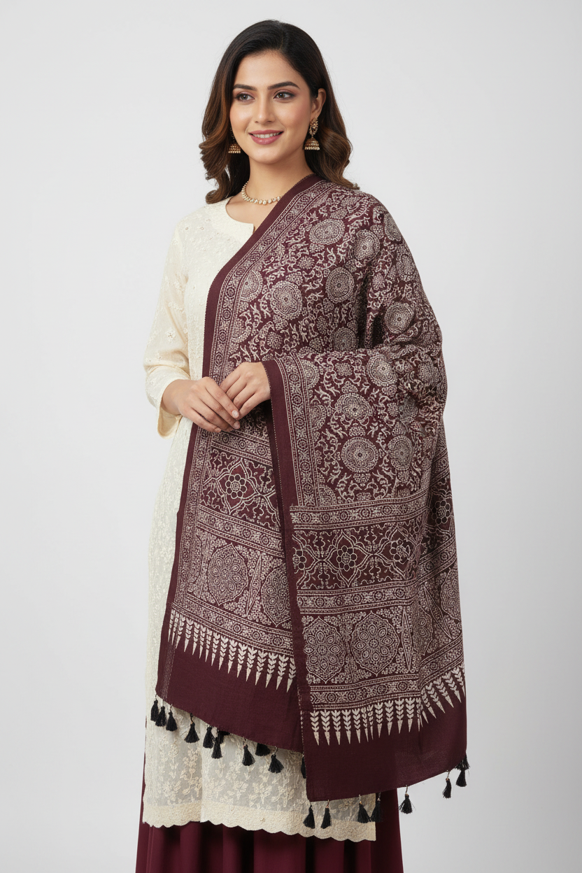 Ajrakh Printed Cotton Stole for Women | Maroon Ethnic Scarf with Tassels | 55x210 cm | Traditional Indian Dupatta