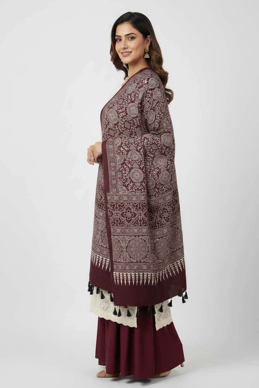Ajrakh Printed Cotton Stole for Women | Maroon Ethnic Scarf with Tassels | 55x210 cm | Traditional Indian Dupatta