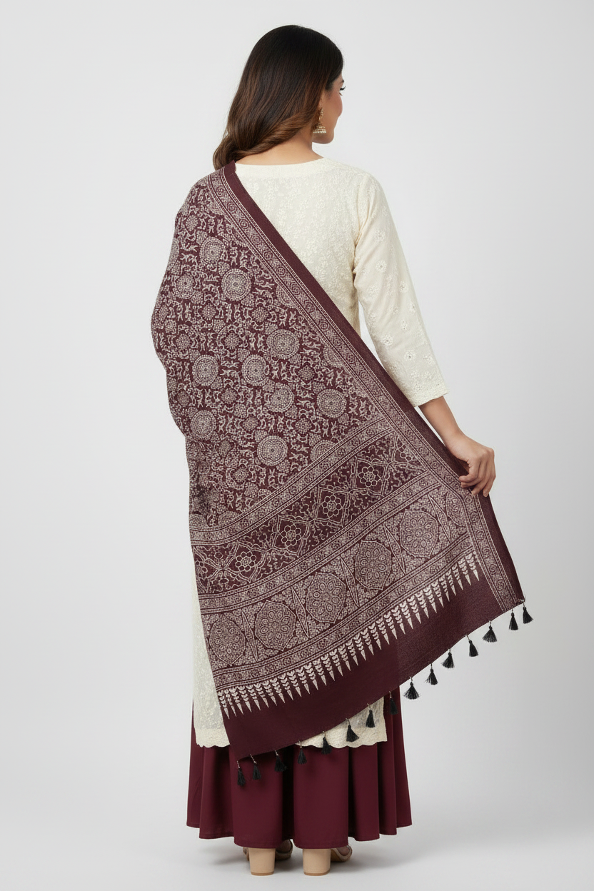 Ajrakh Printed Cotton Stole for Women | Maroon Ethnic Scarf with Tassels | 55x210 cm | Traditional Indian Dupatta
