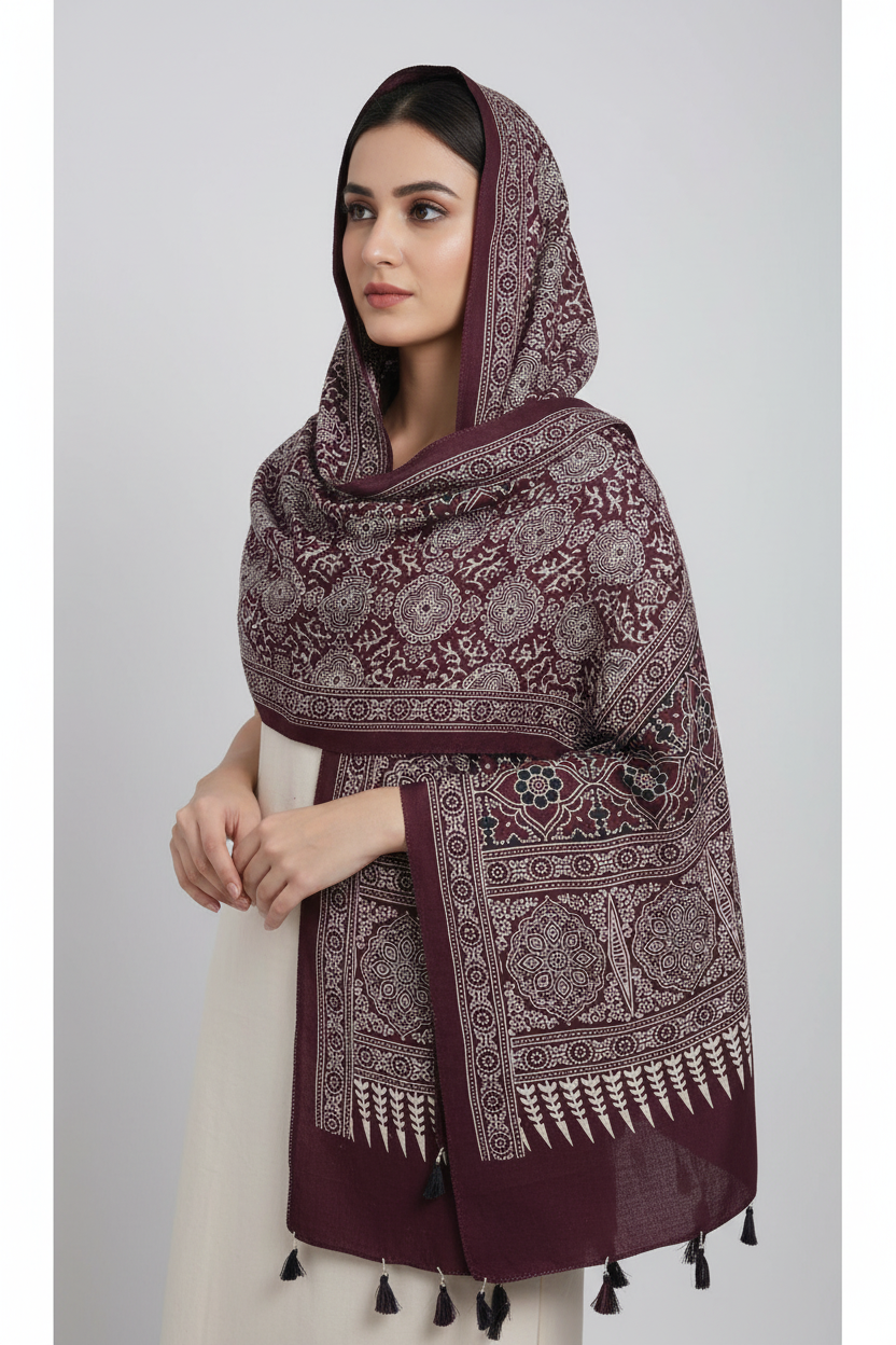 Ajrakh Printed Cotton Stole for Women | Maroon Ethnic Scarf with Tassels | 55x210 cm | Traditional Indian Dupatta