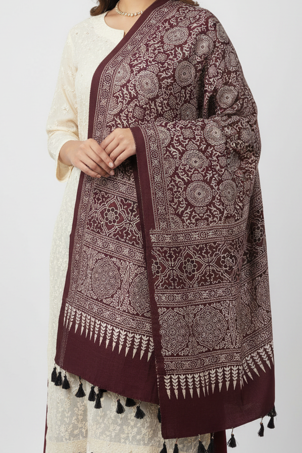 Ajrakh Printed Cotton Stole for Women | Maroon Ethnic Scarf with Tassels | 55x210 cm | Traditional Indian Dupatta