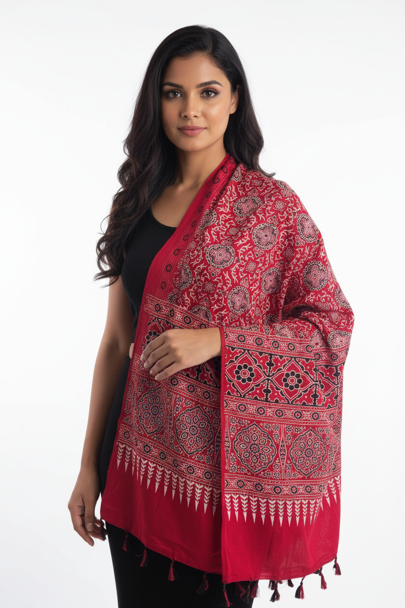Ajrakh Printed Cotton Stole for Women | Navy Blue Ethnic Scarf with Tassels | 55x210 cm | Traditional Indian Dupatta