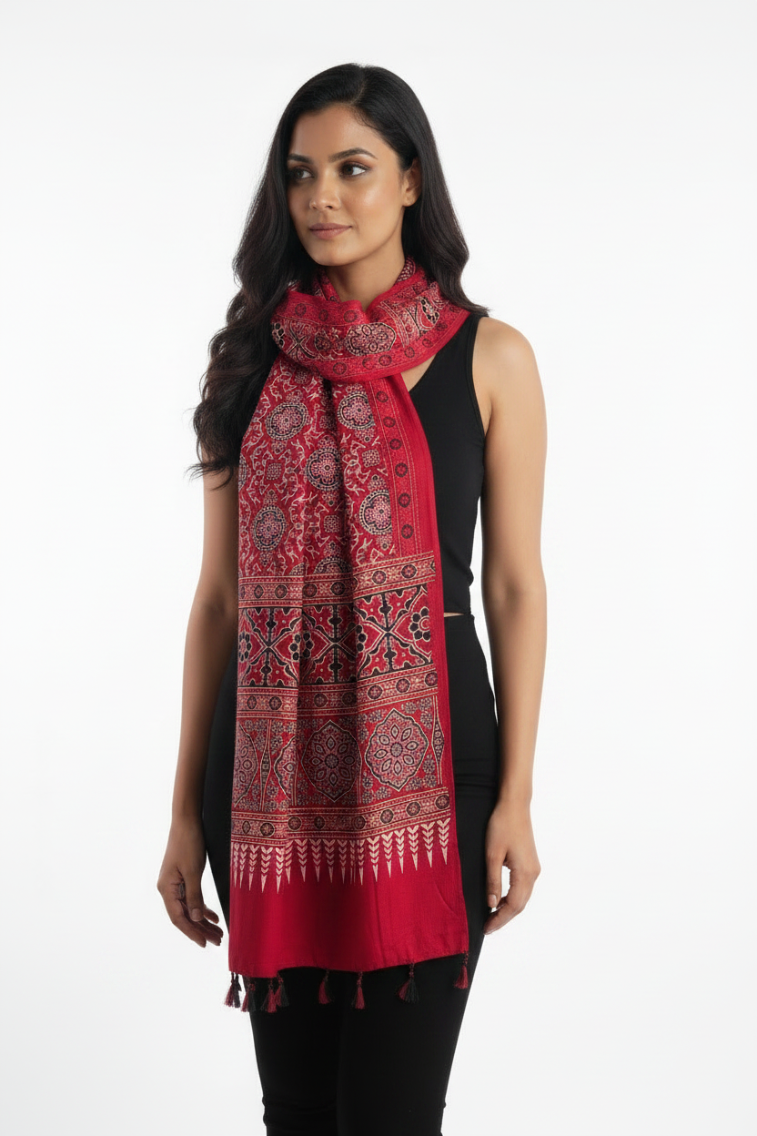 Ajrakh Printed Cotton Stole for Women | Navy Blue Ethnic Scarf with Tassels | 55x210 cm | Traditional Indian Dupatta