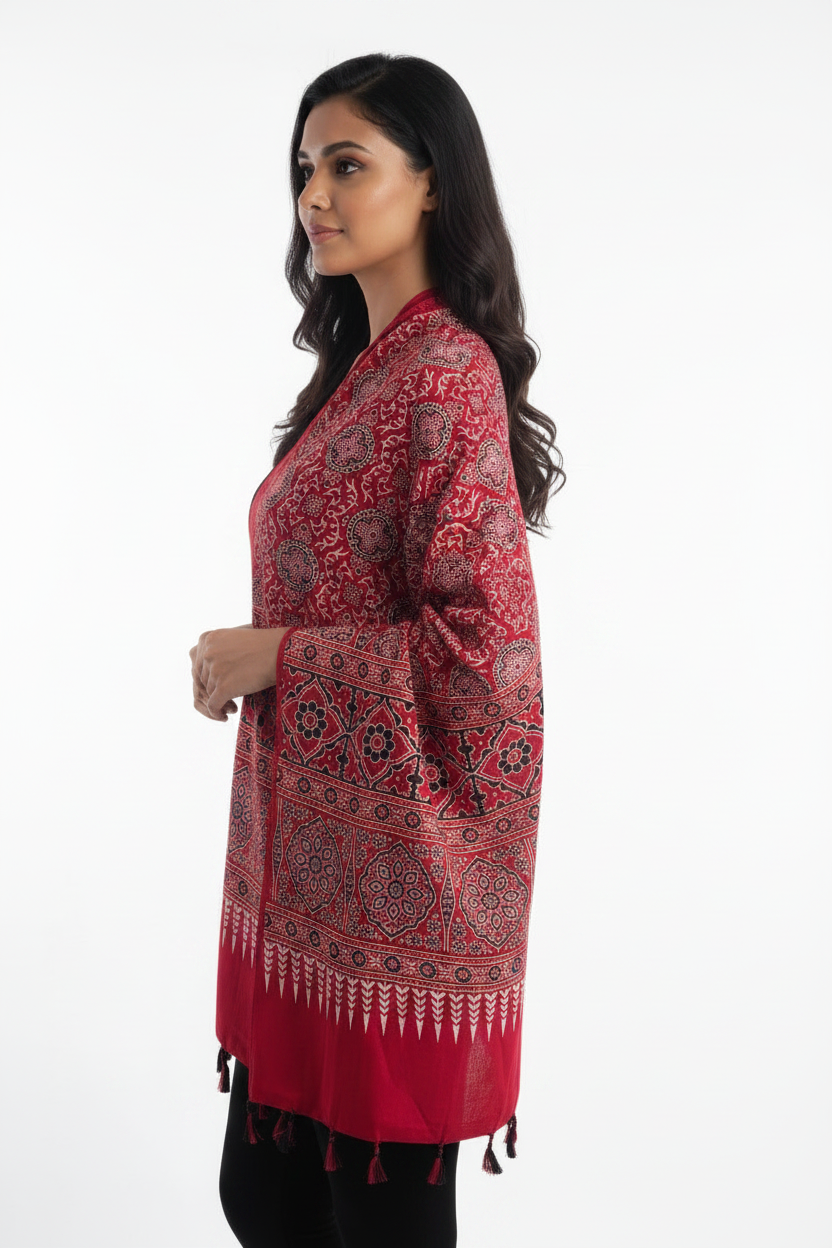 Ajrakh Printed Cotton Stole for Women | Navy Blue Ethnic Scarf with Tassels | 55x210 cm | Traditional Indian Dupatta