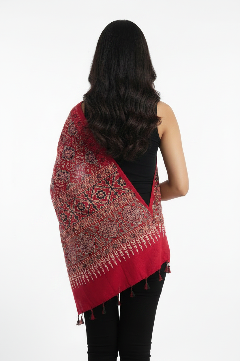 Ajrakh Printed Cotton Stole for Women | Navy Blue Ethnic Scarf with Tassels | 55x210 cm | Traditional Indian Dupatta