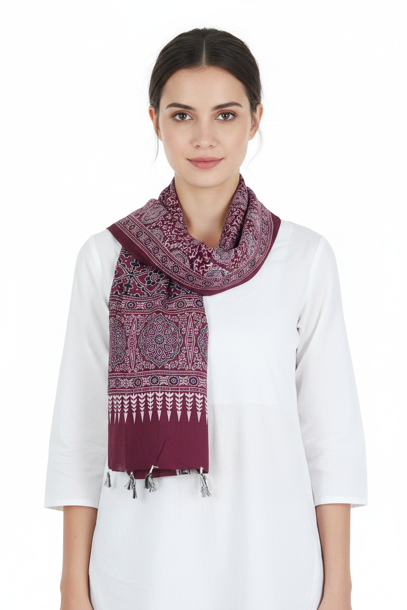 Ajrakh Printed Cotton Stole for Women | Maroon Ethnic Scarf with Tassels | 55x210 cm | Traditional Indian Dupatta