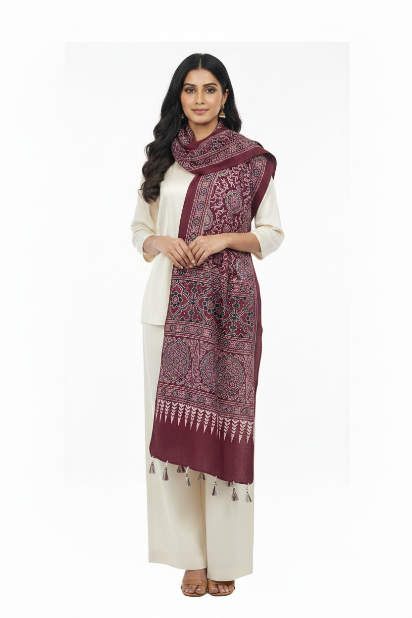 Ajrakh Printed Cotton Stole for Women | Maroon Ethnic Scarf with Tassels | 55x210 cm | Traditional Indian Dupatta