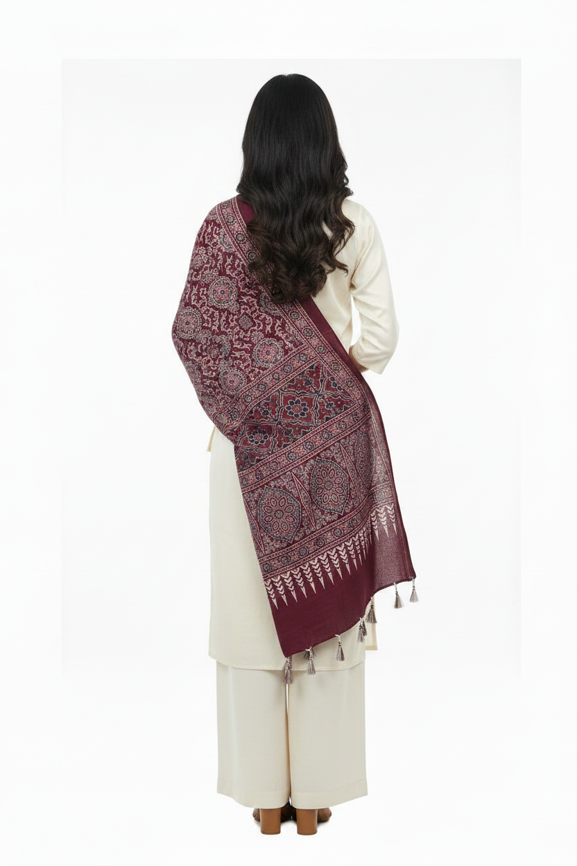 Ajrakh Printed Cotton Stole for Women | Maroon Ethnic Scarf with Tassels | 55x210 cm | Traditional Indian Dupatta