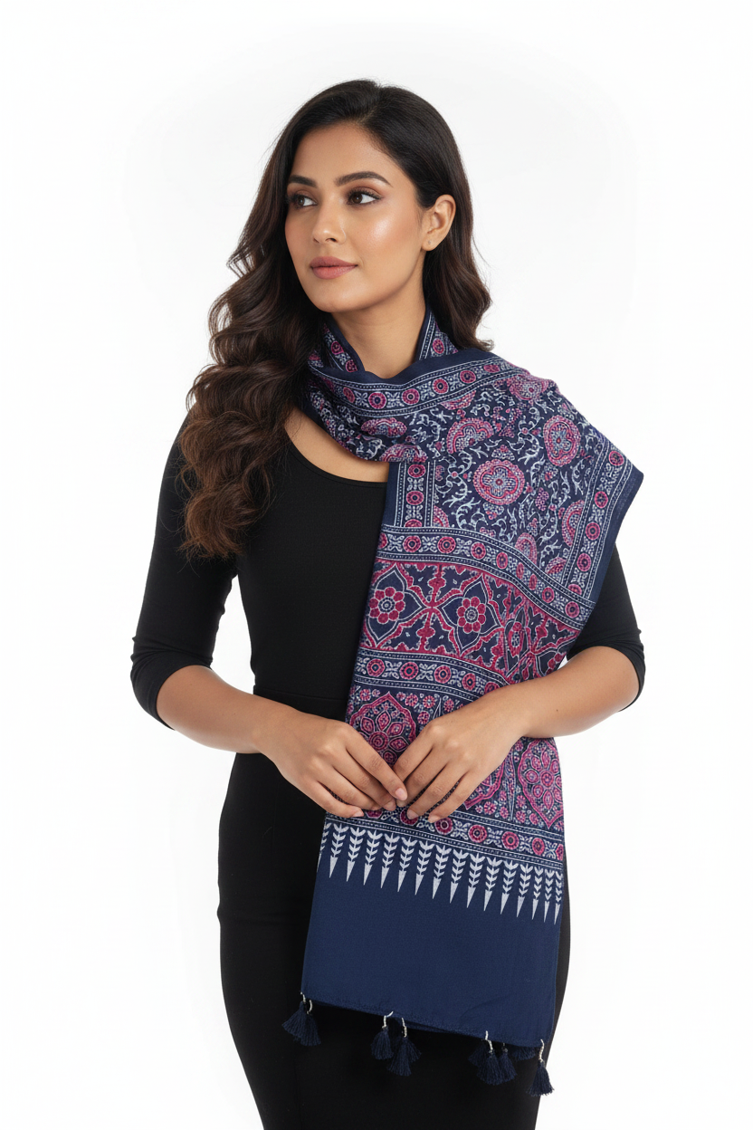 Ajrakh Printed Cotton Stole for Women Ethnic Scarf with Tassels | Traditional Indian Dupatta