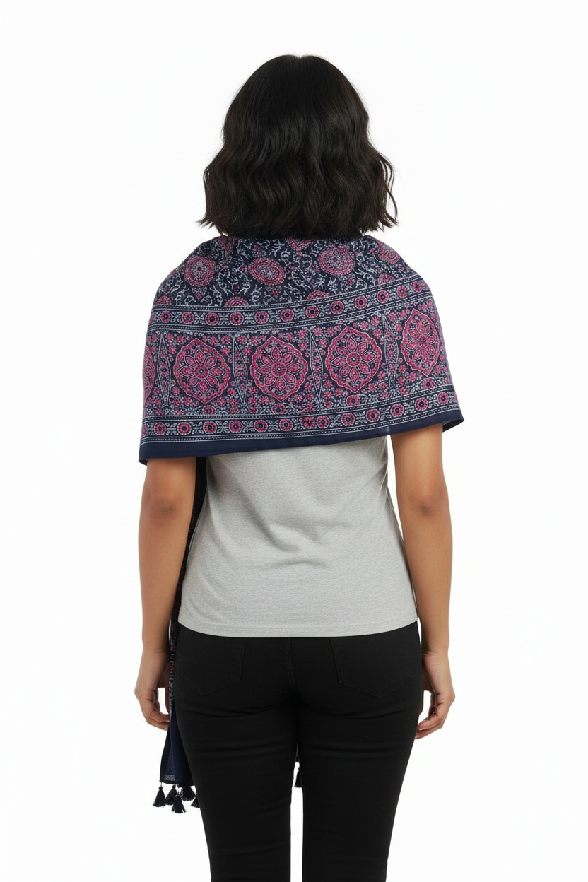 Ajrakh Printed Cotton Stole for Women Ethnic Scarf with Tassels | Traditional Indian Dupatta