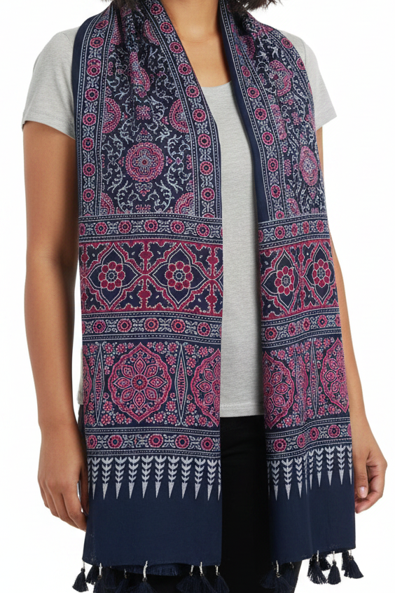 Ajrakh Printed Cotton Stole for Women Ethnic Scarf with Tassels | Traditional Indian Dupatta