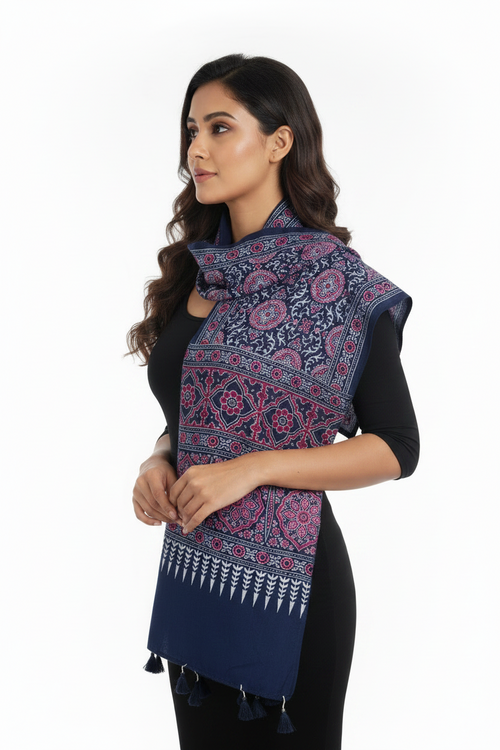 Ajrakh Printed Cotton Stole for Women Ethnic Scarf with Tassels | Traditional Indian Dupatta
