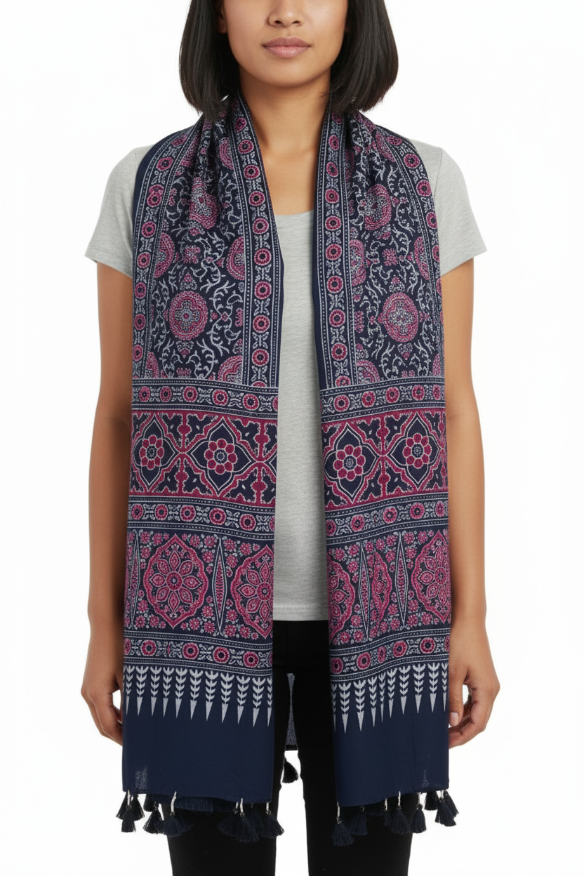 Ajrakh Printed Cotton Stole for Women Ethnic Scarf with Tassels | Traditional Indian Dupatta