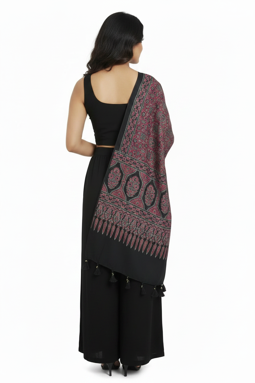 Ajrakh Printed Cotton Stole for Women Ethnic Scarf with Tassels | Traditional Indian Dupatta