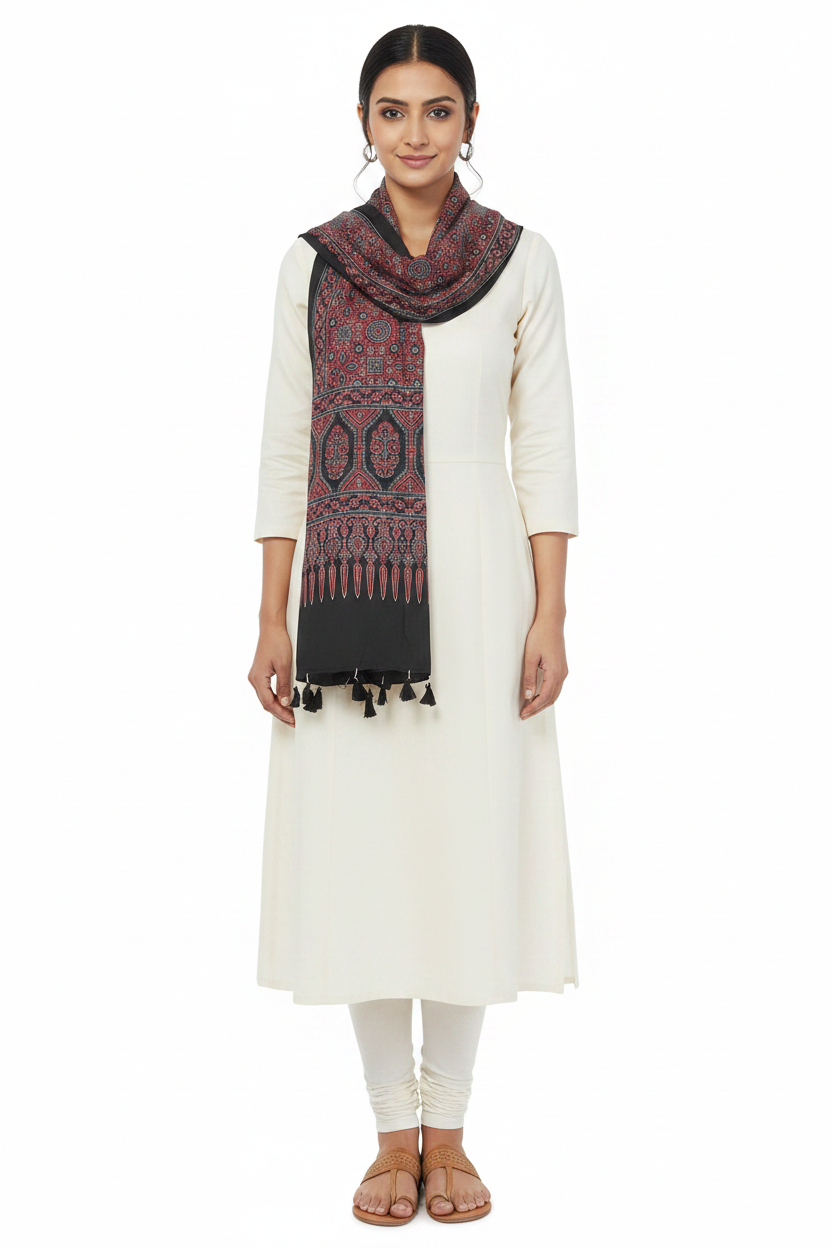 Ajrakh Printed Cotton Stole for Women Ethnic Scarf with Tassels | Traditional Indian Dupatta