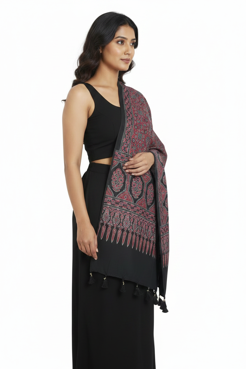 Ajrakh Printed Cotton Stole for Women Ethnic Scarf with Tassels | Traditional Indian Dupatta