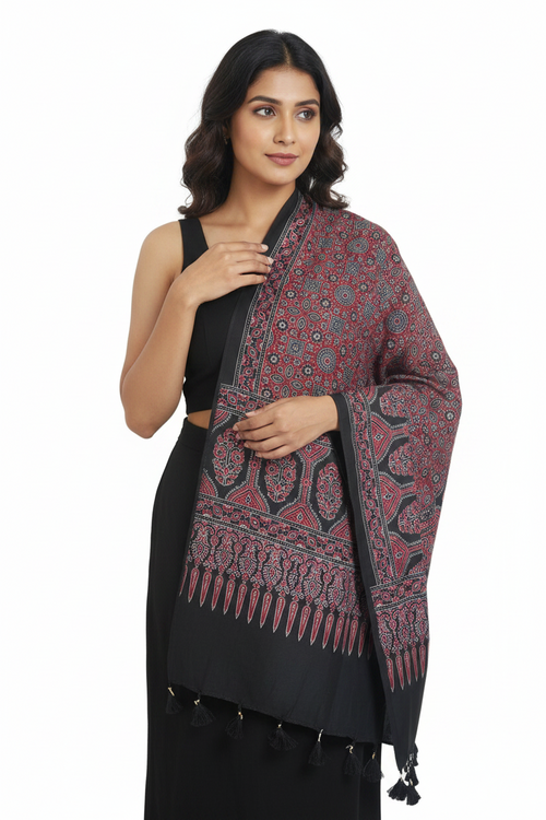 Ajrakh Printed Cotton Stole for Women Ethnic Scarf with Tassels | Traditional Indian Dupatta