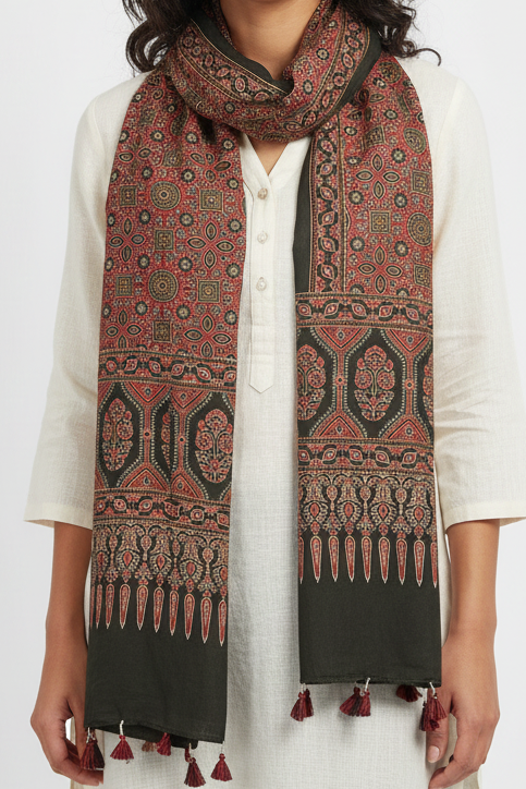 Ajrakh Printed Cotton Stole for Women Ethnic Scarf with Tassels | Traditional Indian Dupatta