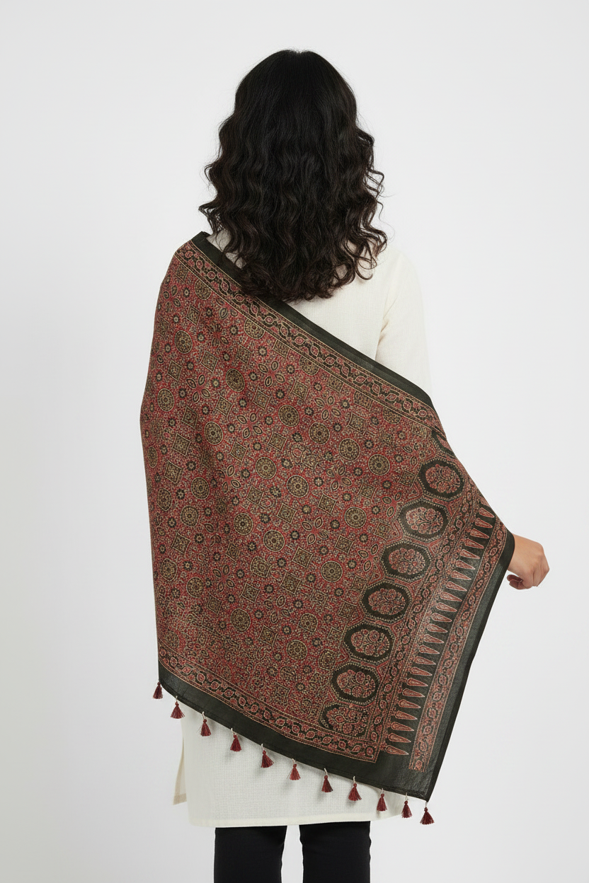 Ajrakh Printed Cotton Stole for Women Ethnic Scarf with Tassels | Traditional Indian Dupatta
