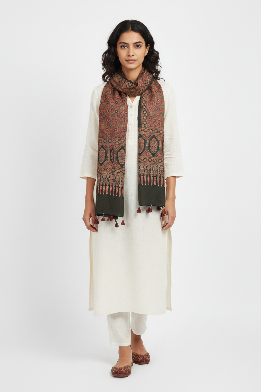 Ajrakh Printed Cotton Stole for Women Ethnic Scarf with Tassels | Traditional Indian Dupatta
