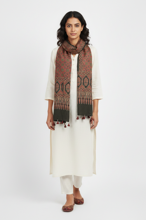 Ajrakh Printed Cotton Stole for Women Ethnic Scarf with Tassels | Traditional Indian Dupatta