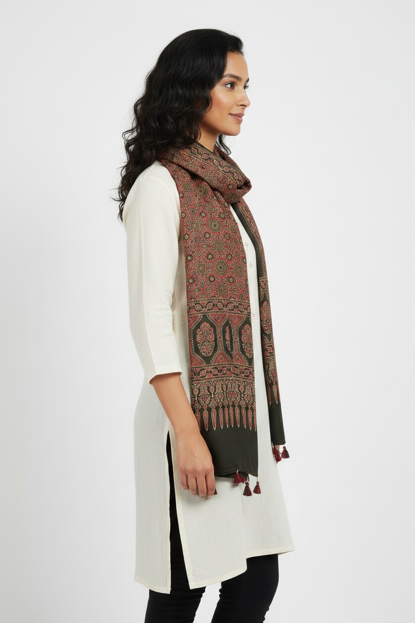 Ajrakh Printed Cotton Stole for Women Ethnic Scarf with Tassels | Traditional Indian Dupatta