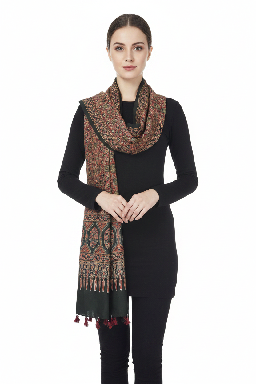 Ajrakh Printed Cotton Stole for Women Ethnic Scarf with Tassels | Traditional Indian Dupatta