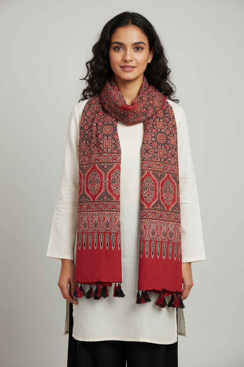 Ajrakh Printed Cotton Stole for Women Ethnic Scarf with Tassels | Traditional Indian Dupatta
