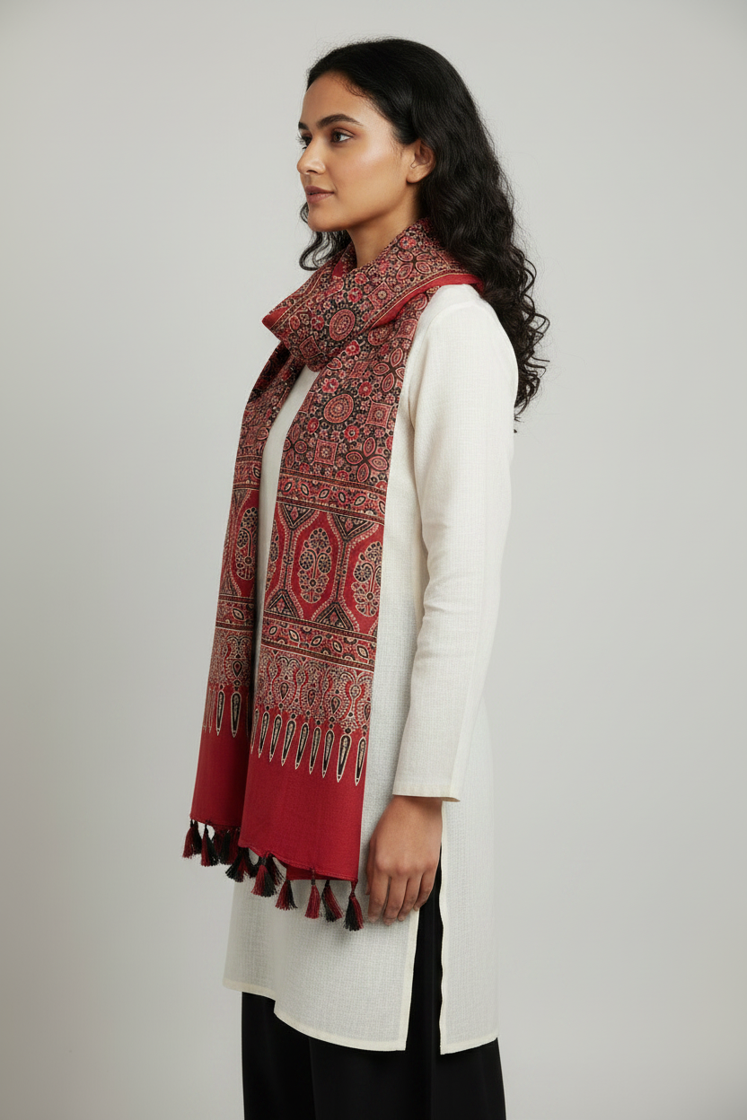Ajrakh Printed Cotton Stole for Women Ethnic Scarf with Tassels | Traditional Indian Dupatta
