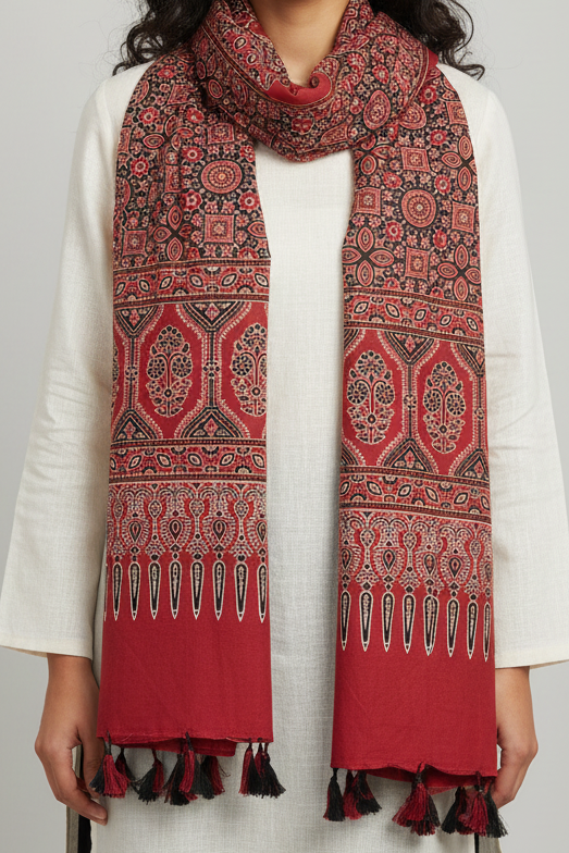 Ajrakh Printed Cotton Stole for Women Ethnic Scarf with Tassels | Traditional Indian Dupatta