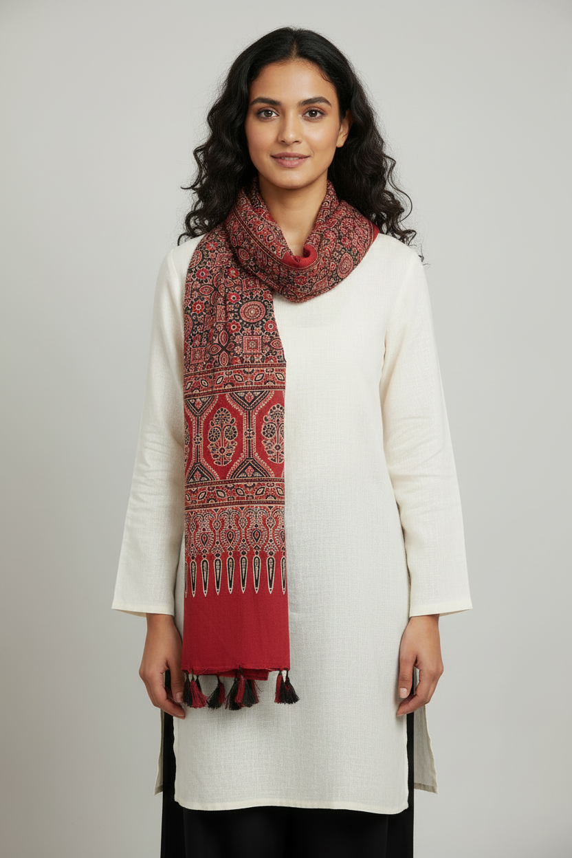 Ajrakh Printed Cotton Stole for Women Ethnic Scarf with Tassels | Traditional Indian Dupatta