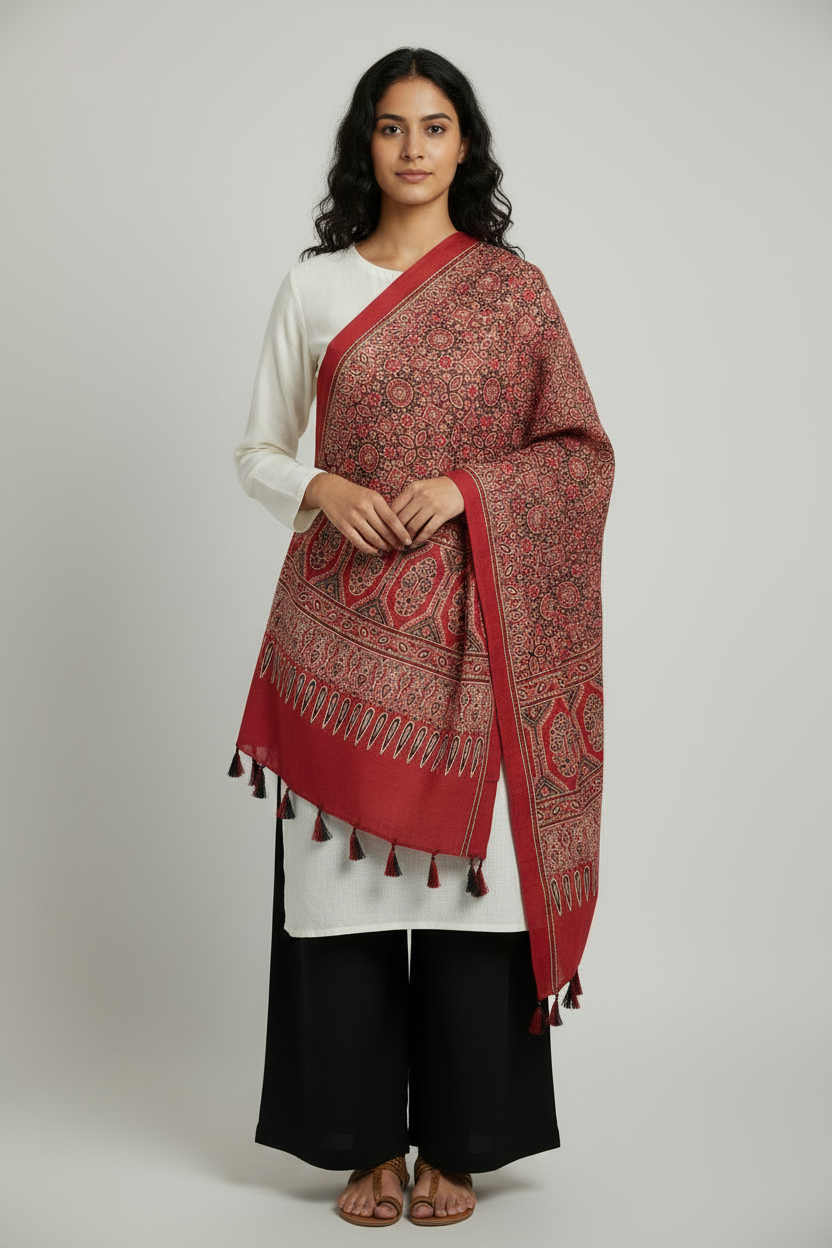 Ajrakh Printed Cotton Stole for Women Ethnic Scarf with Tassels | Traditional Indian Dupatta