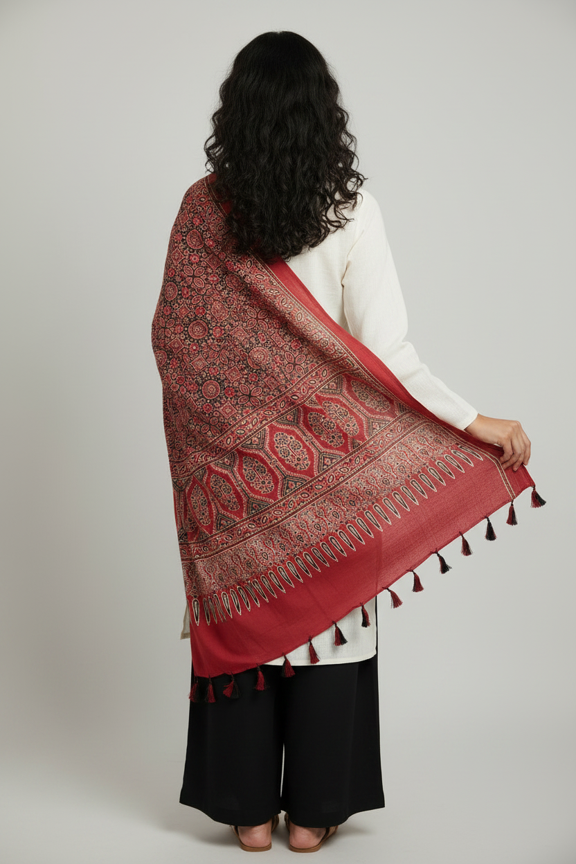 Ajrakh Printed Cotton Stole for Women Ethnic Scarf with Tassels | Traditional Indian Dupatta