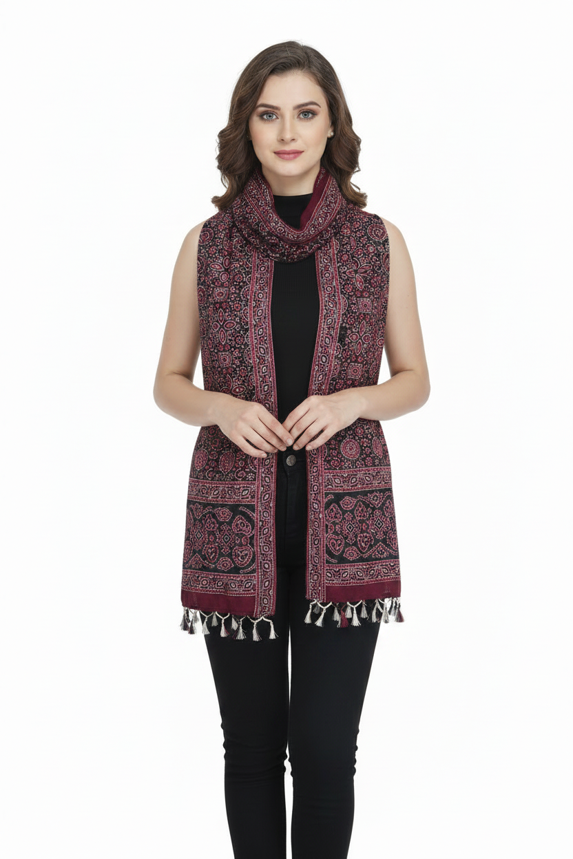 Ajrakh Printed Cotton Stole for Women Ethnic Scarf with Tassels | Traditional Indian Dupatta