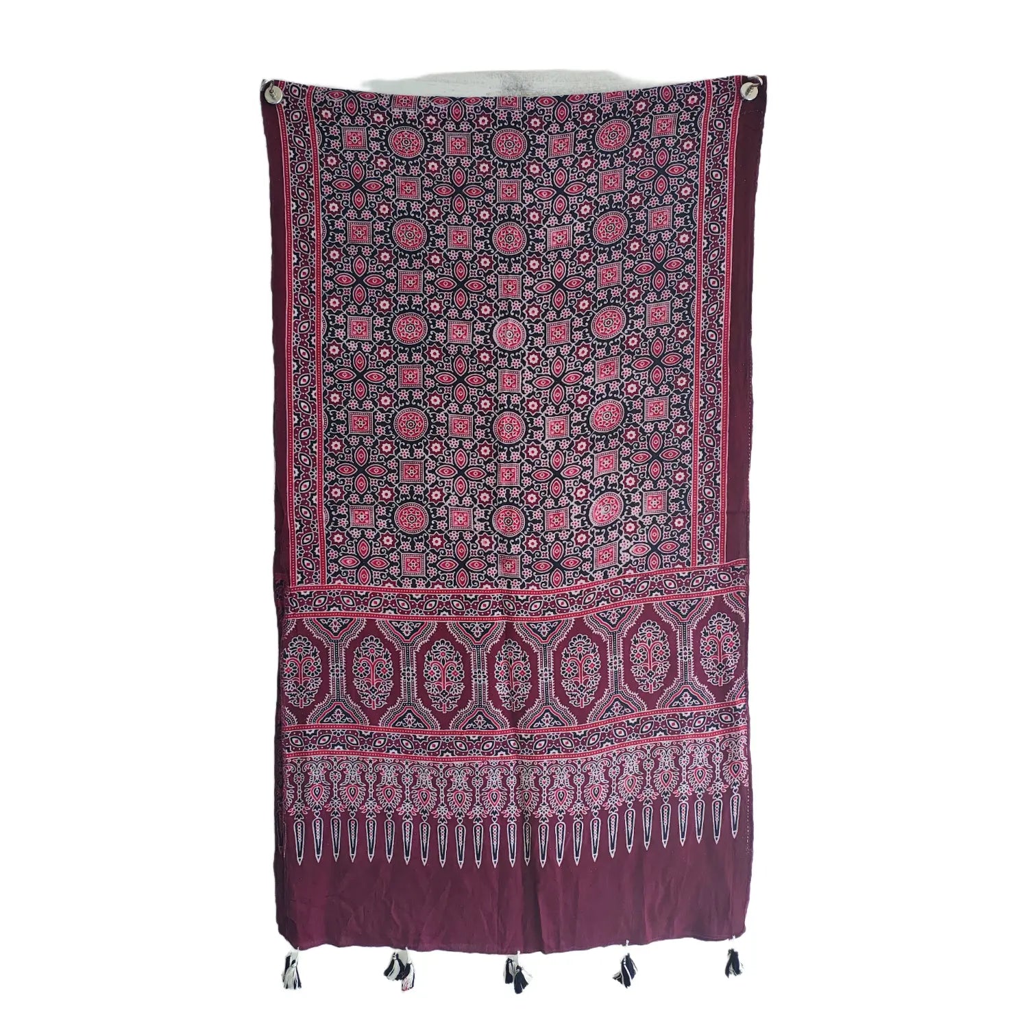 Ajrakh Printed Cotton Stole for Women Ethnic Scarf with Tassels | Traditional Indian Dupatta