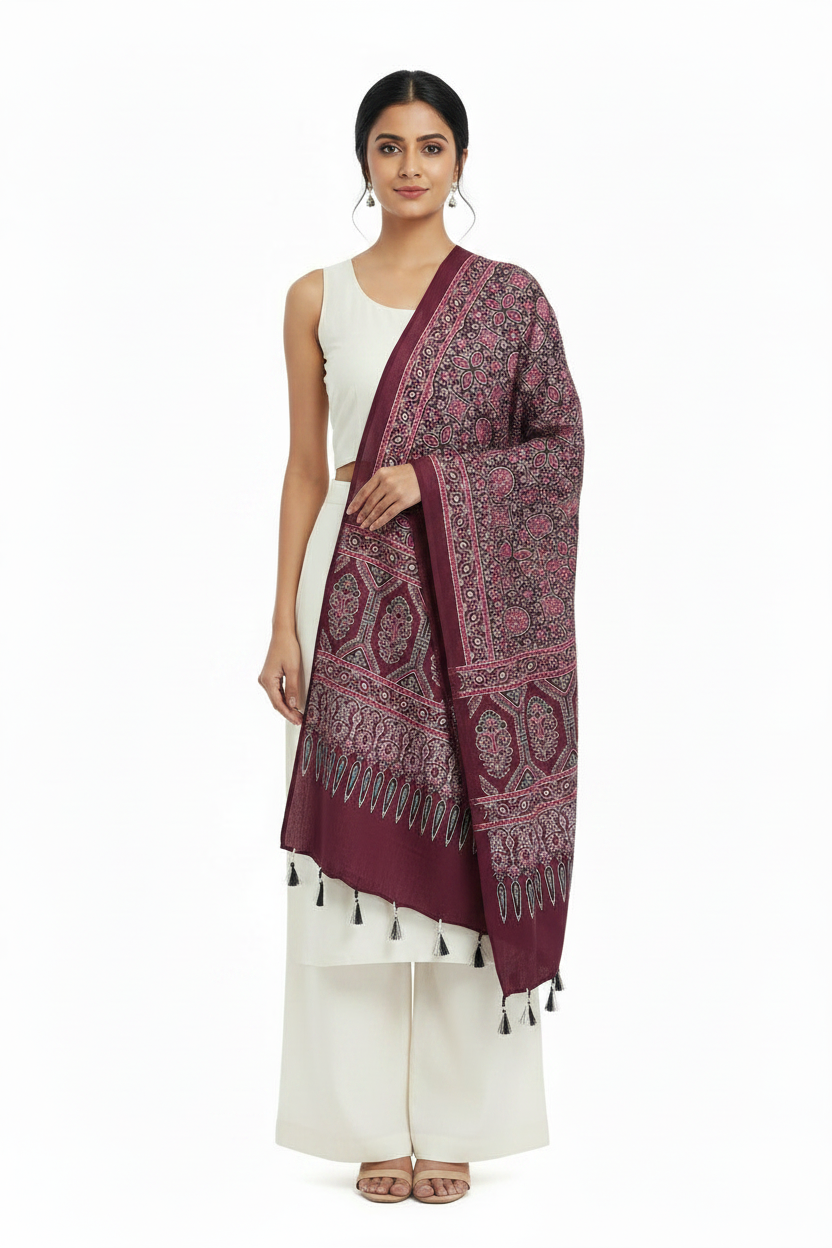 Ajrakh Printed Cotton Stole for Women Ethnic Scarf with Tassels | Traditional Indian Dupatta