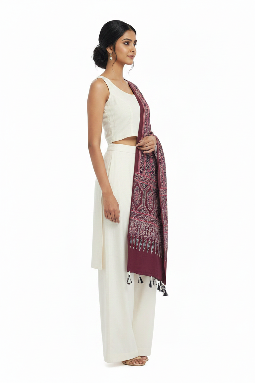Ajrakh Printed Cotton Stole for Women Ethnic Scarf with Tassels | Traditional Indian Dupatta