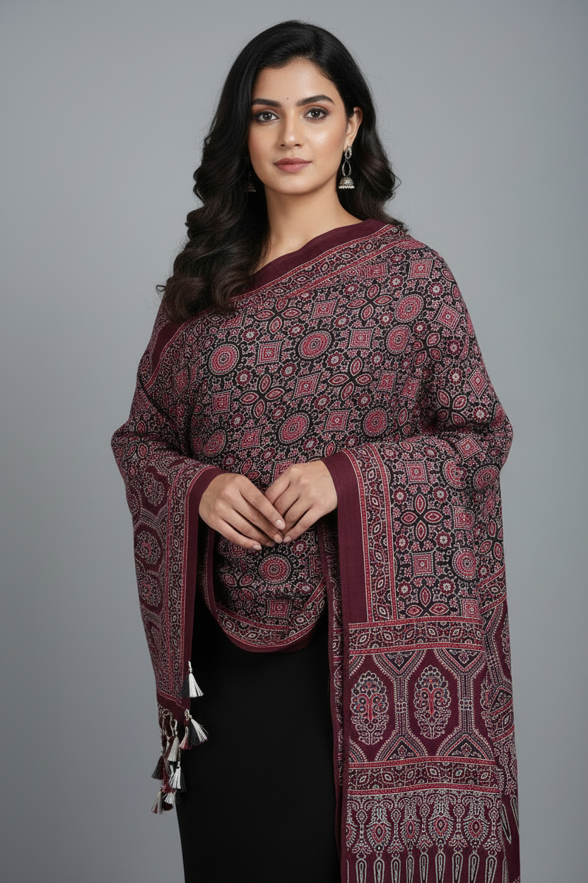 Ajrakh Printed Cotton Stole for Women Ethnic Scarf with Tassels | Traditional Indian Dupatta