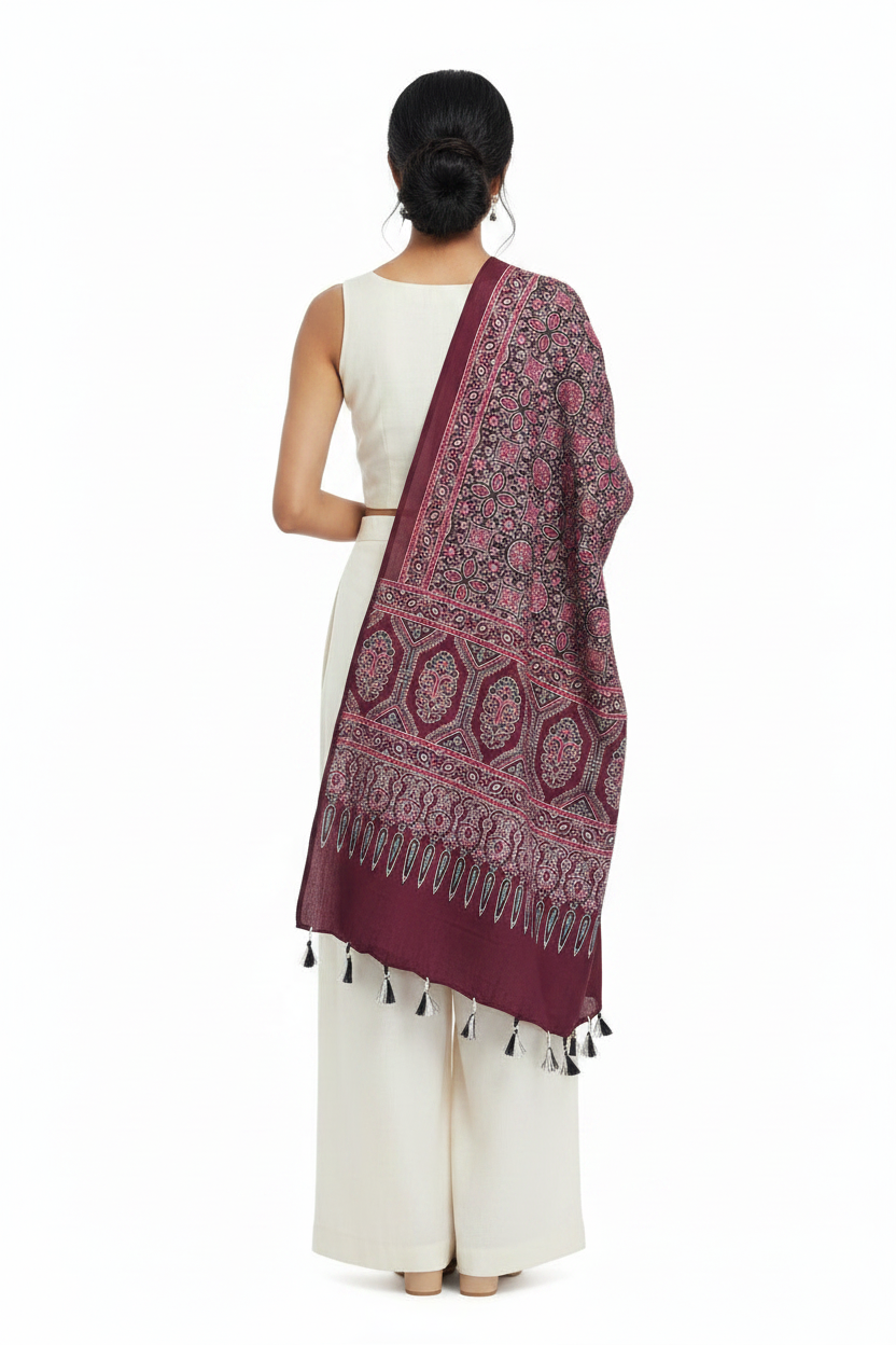Ajrakh Printed Cotton Stole for Women Ethnic Scarf with Tassels | Traditional Indian Dupatta