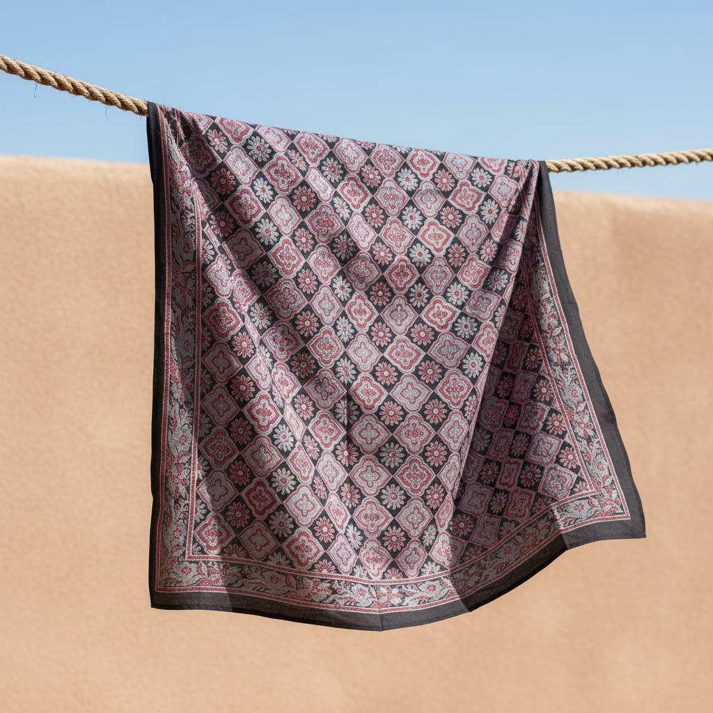 Ajrakh Hand Block Print Brown Color Cotton Scarf | Traditional Geometric Print | 120×105 cm
