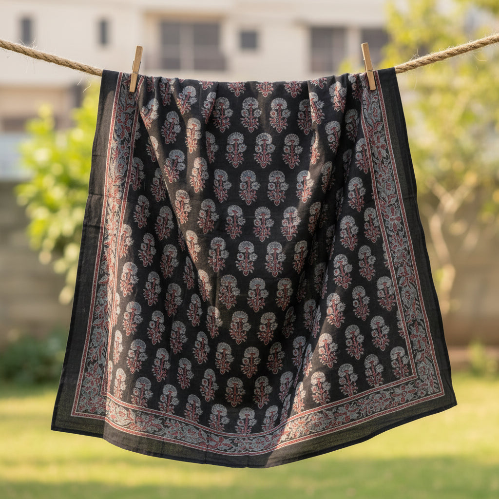 Ajrakh Hand Block Print Brown Color Cotton Scarf | Traditional Geometric Print | 120×105 cm