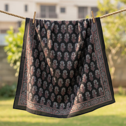 Ajrakh Hand Block Print Brown Color Cotton Scarf | Traditional Geometric Print | 120×105 cm