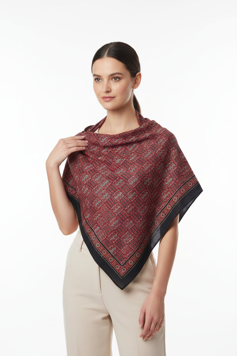 Ajrakh Hand Block Print Maroon Color Cotton Scarf | Traditional Geometric Print | 120×105 cm