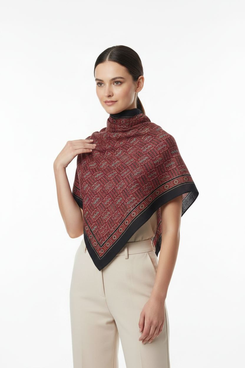 Ajrakh Hand Block Print Maroon Color Cotton Scarf | Traditional Geometric Print | 120×105 cm