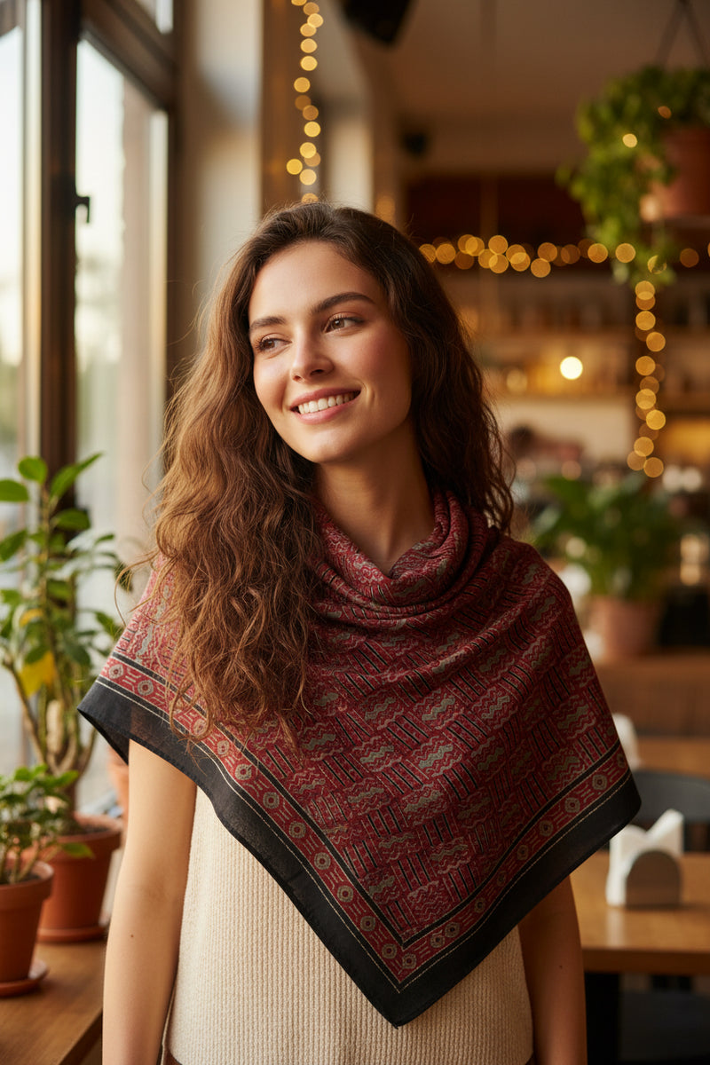 Ajrakh Hand Block Print Maroon Color Cotton Scarf | Traditional Geometric Print | 120×105 cm