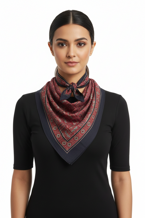 Ajrakh Hand Block Print Maroon Color Cotton Scarf | Traditional Geometric Print | 120×105 cm