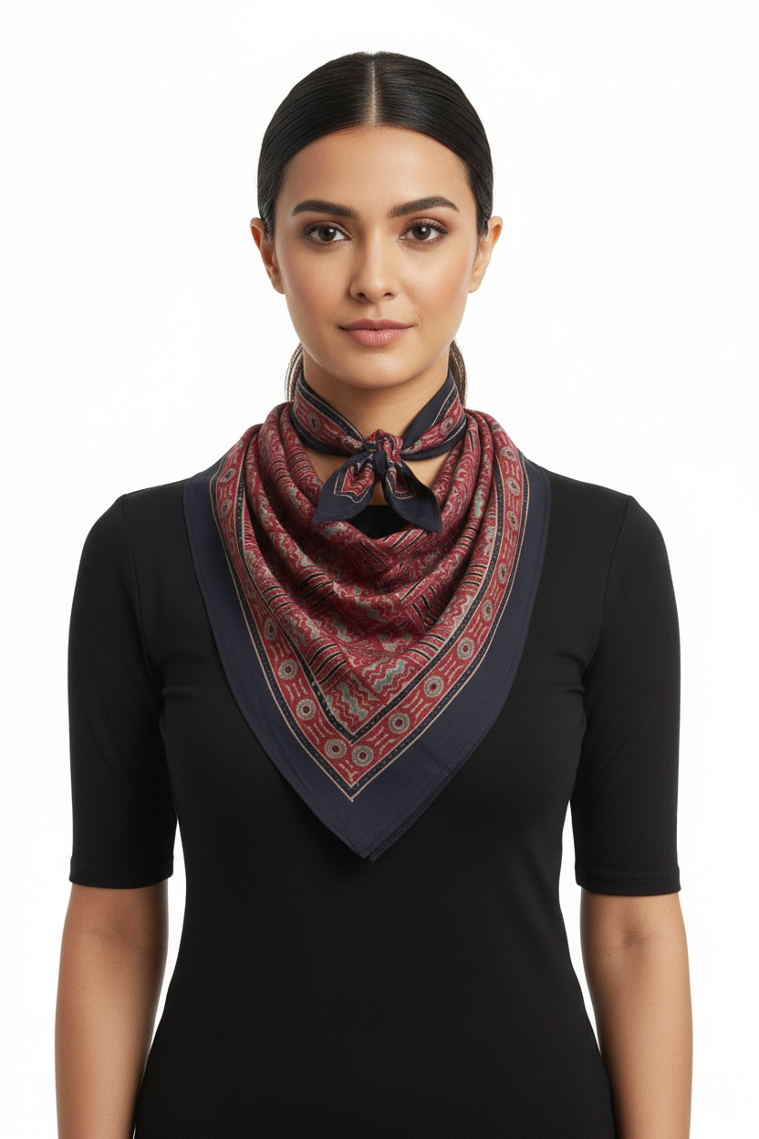 Ajrakh Hand Block Print Maroon Color Cotton Scarf | Traditional Geometric Print | 120×105 cm
