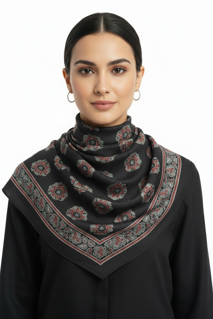 Ajrakh Hand Block Print Black Color Cotton Scarf | Traditional Geometric Print | 120×105 cm